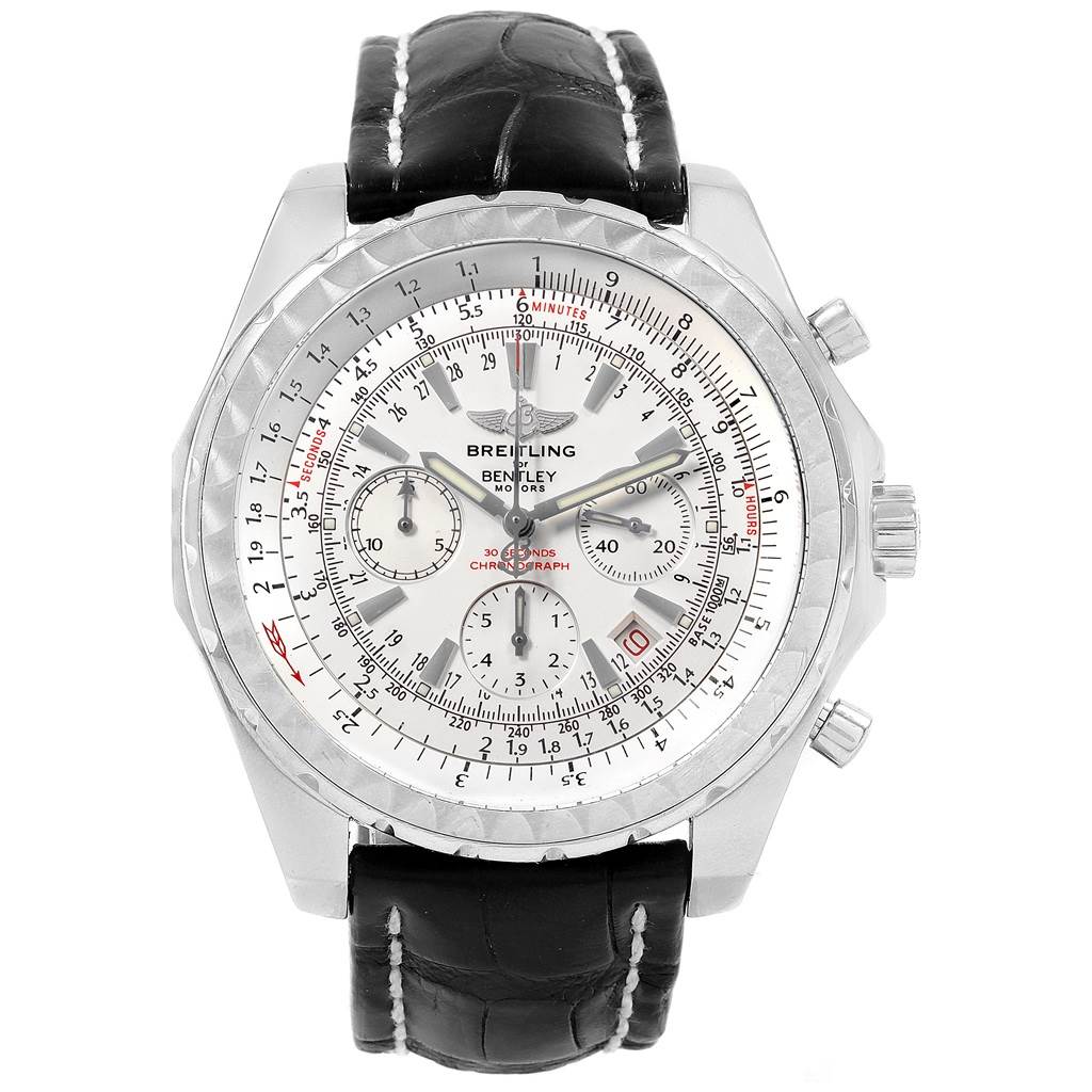 This image shows a front view of the Breitling Bentley A25362 Men's Stainless Steel Silver Dial A25362 Men's Stainless Steel Silver Dial watch, highlighting its dial, chronograph subdials, bezel, and leather strap.