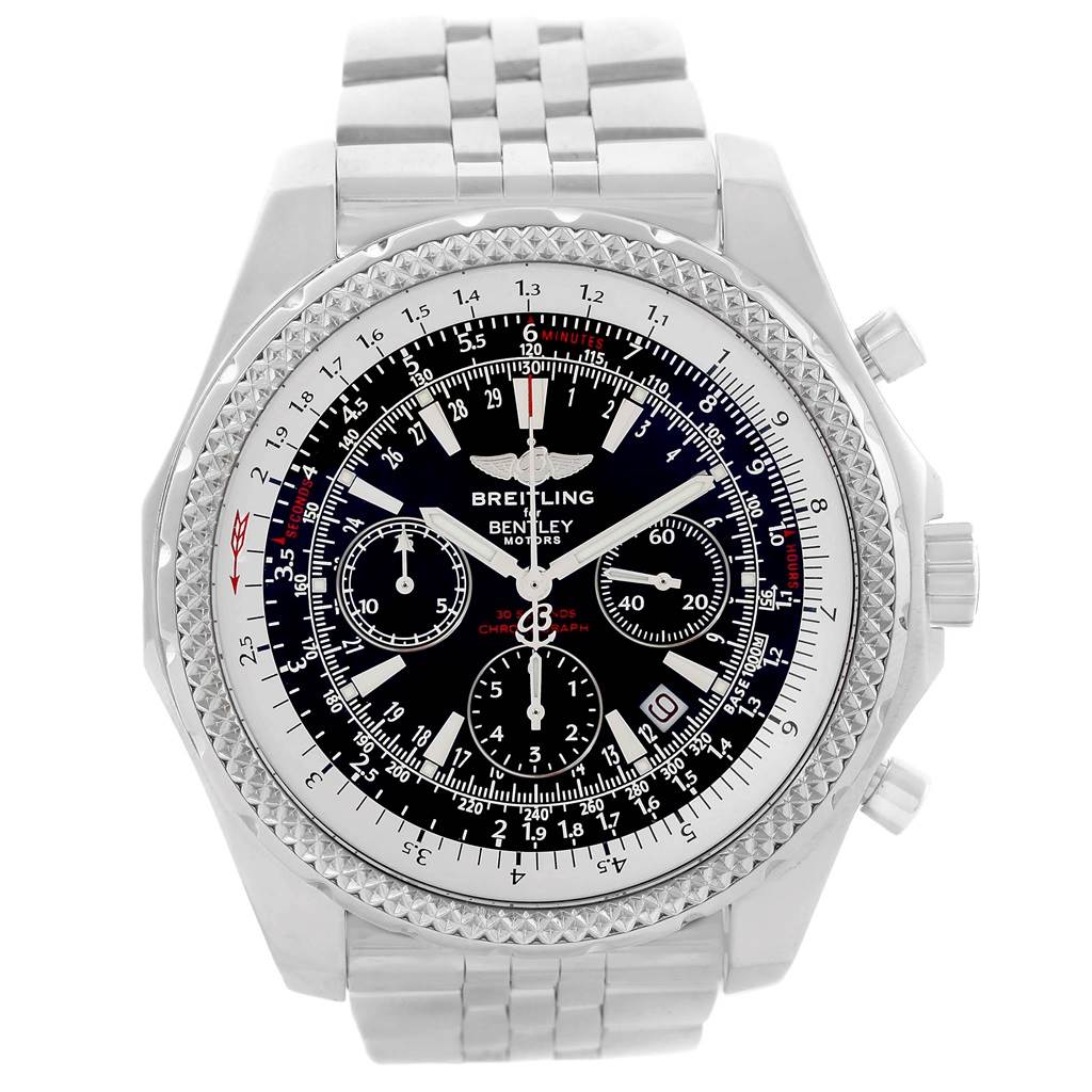 This image shows a front view of the Breitling Bentley A25362 Men's Stainless Steel Black Dial A25362 Men's Stainless Steel Black Dial watch, displaying its face, bezel, and stainless steel bracelet.