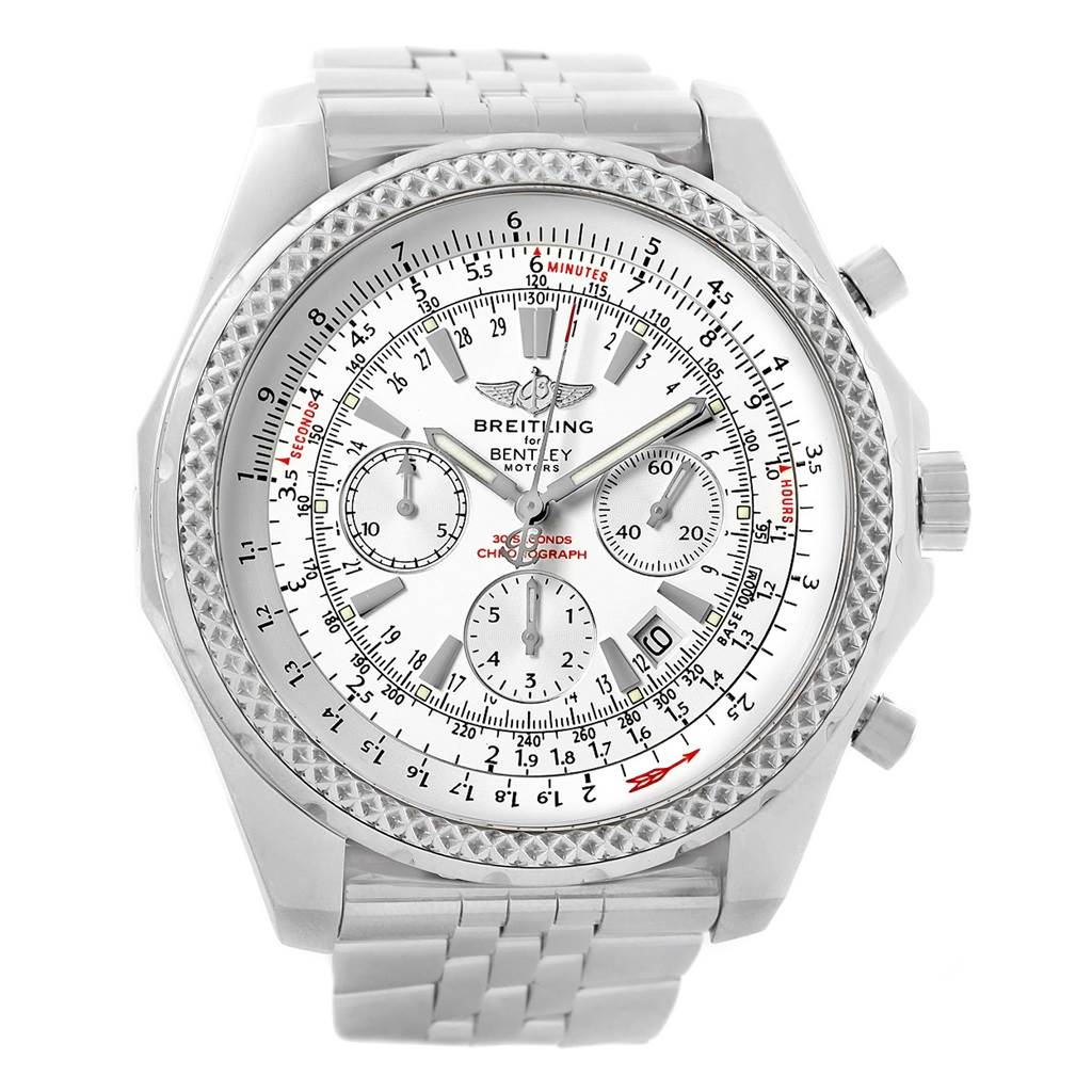 The Bentley watch by Breitling is shown from a front angle, displaying its face, bezel, and bracelet.