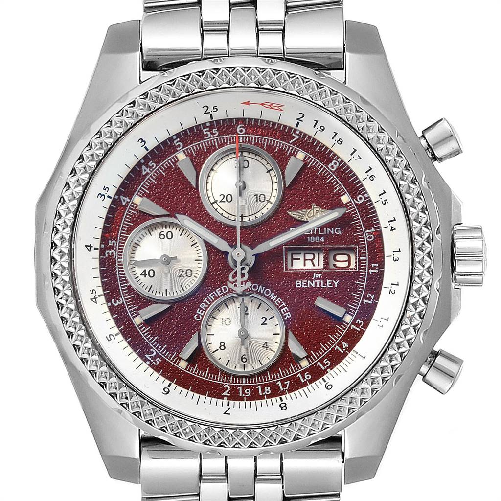 The image shows a close-up of a Breitling Bentley A13362 Men's Stainless Steel Burgundy Dial A13362 Men's Stainless Steel Burgundy Dial model watch, highlighting its face, bezel, and part of the bracelet.