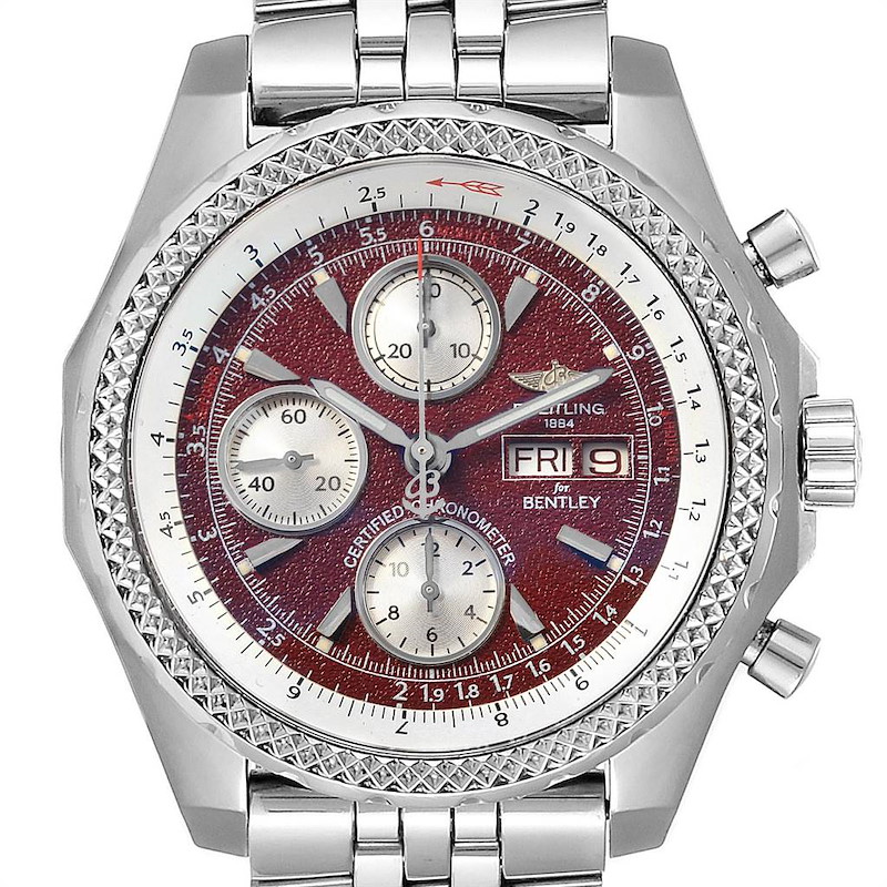 The image shows a close-up of a Breitling Bentley model watch, highlighting its face, bezel, and part of the bracelet.