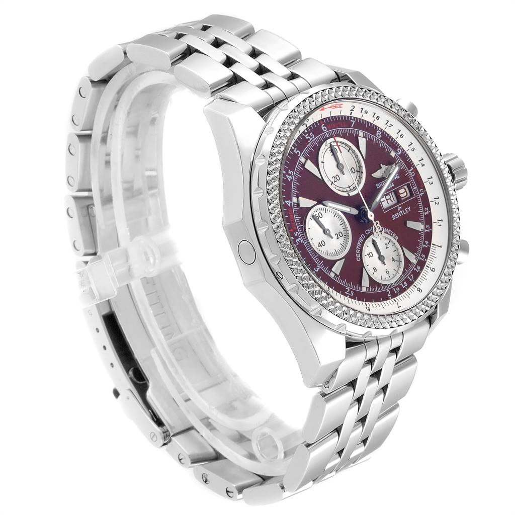 The image shows a Breitling Bentley A13362 Men's Stainless Steel Burgundy Dial A13362 Men's Stainless Steel Burgundy Dial model watch at a three-quarter angle, featuring its face, bezel, and part of the stainless steel bracelet.