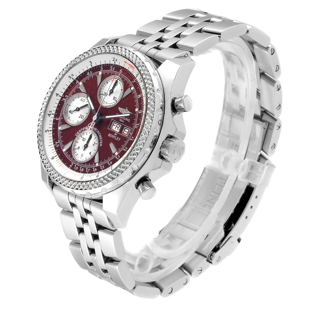This Bentley model by Breitling is shown at an angle highlighting its face, side buttons, and stainless steel bracelet.