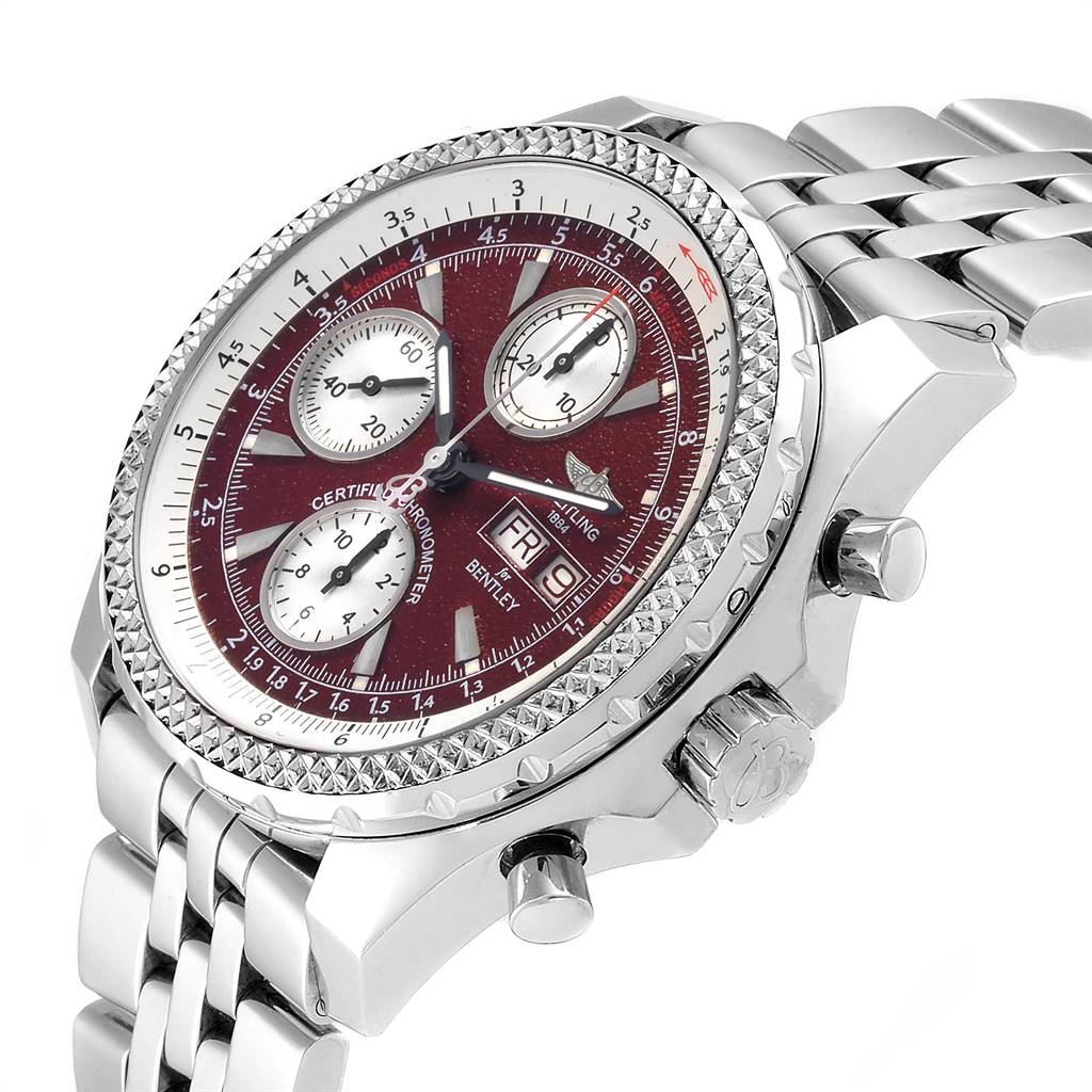 The Breitling Bentley A13362 Men's Stainless Steel Burgundy Dial A13362 Men's Stainless Steel Burgundy Dial watch is shown at a slight angle displaying its face, bezel, crown, pushers, and bracelet.