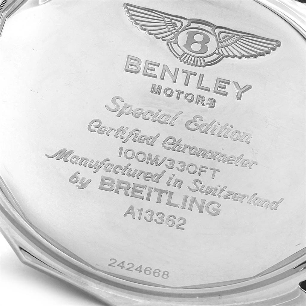 This is a close-up of the case back of a Breitling Bentley A13362 Men's Stainless Steel Burgundy Dial A13362 Men's Stainless Steel Burgundy Dial watch, showing the engraving detailing the model and brand.