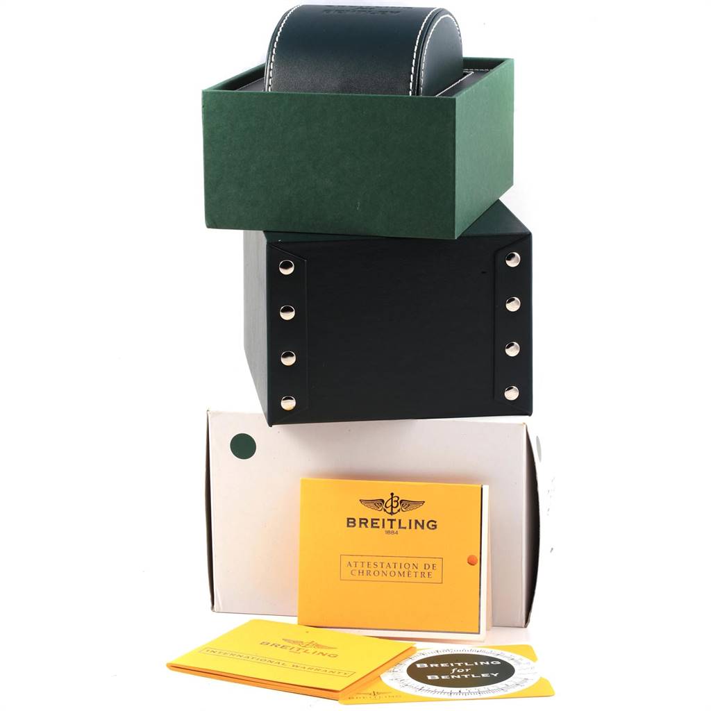 The image shows the box, case, and documentation for a Breitling Bentley A13362 Men's Stainless Steel Burgundy Dial A13362 Men's Stainless Steel Burgundy Dial model watch.