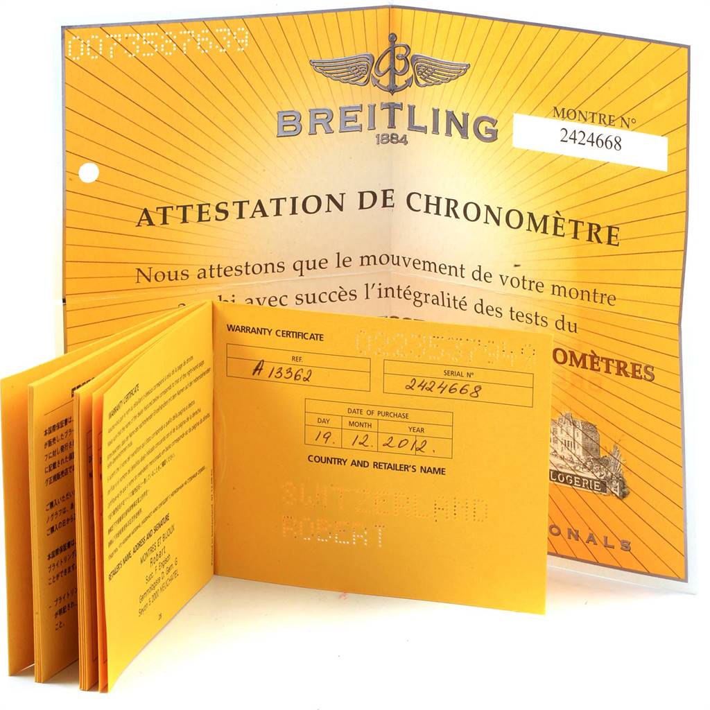 This image shows the warranty certificate and chronometer authentication documentation for a Bentley model by Breitling.
