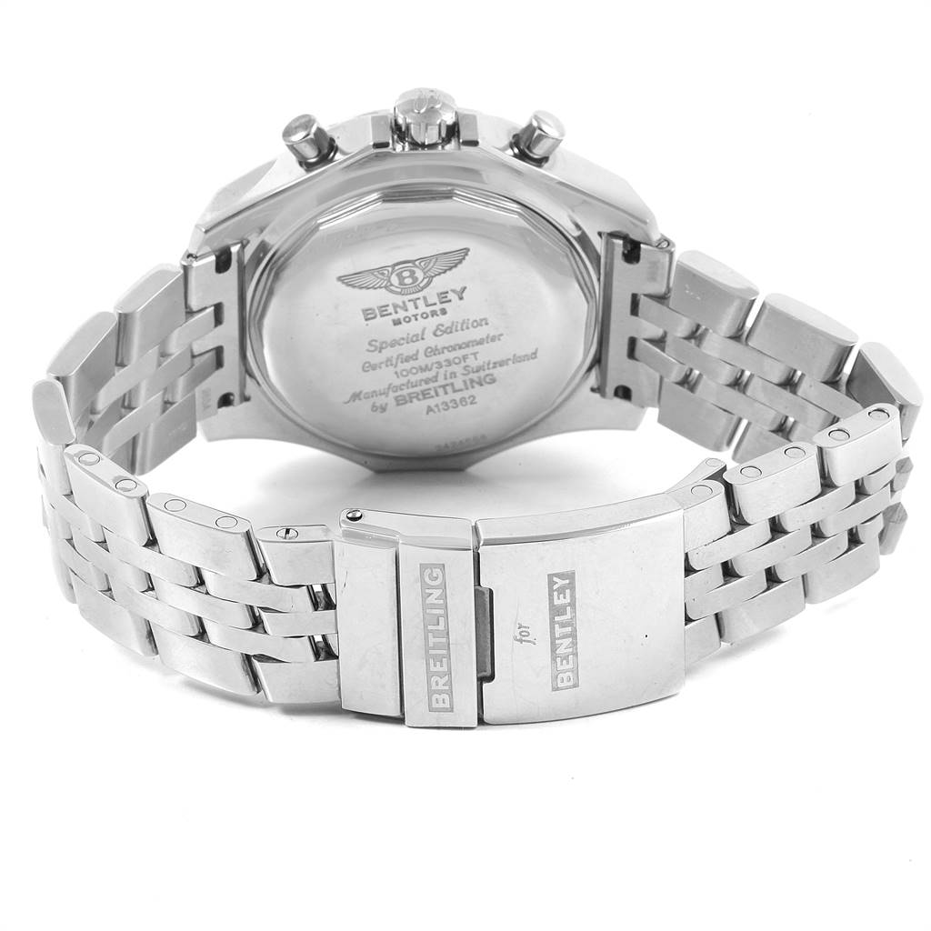 The image shows the back case and metal bracelet of a Bentley model by Breitling.