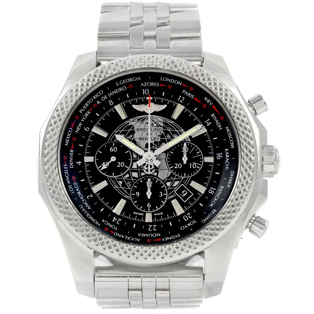 The image shows a front view of the Breitling Bentley AB0521U4-BC65-990A Men
s Stainless Steel Black Dial AB0521U4-BC65-990A Men
s Stainless Steel Black Dial watch, highlighting its face, bezel, and part of the metal bracelet.