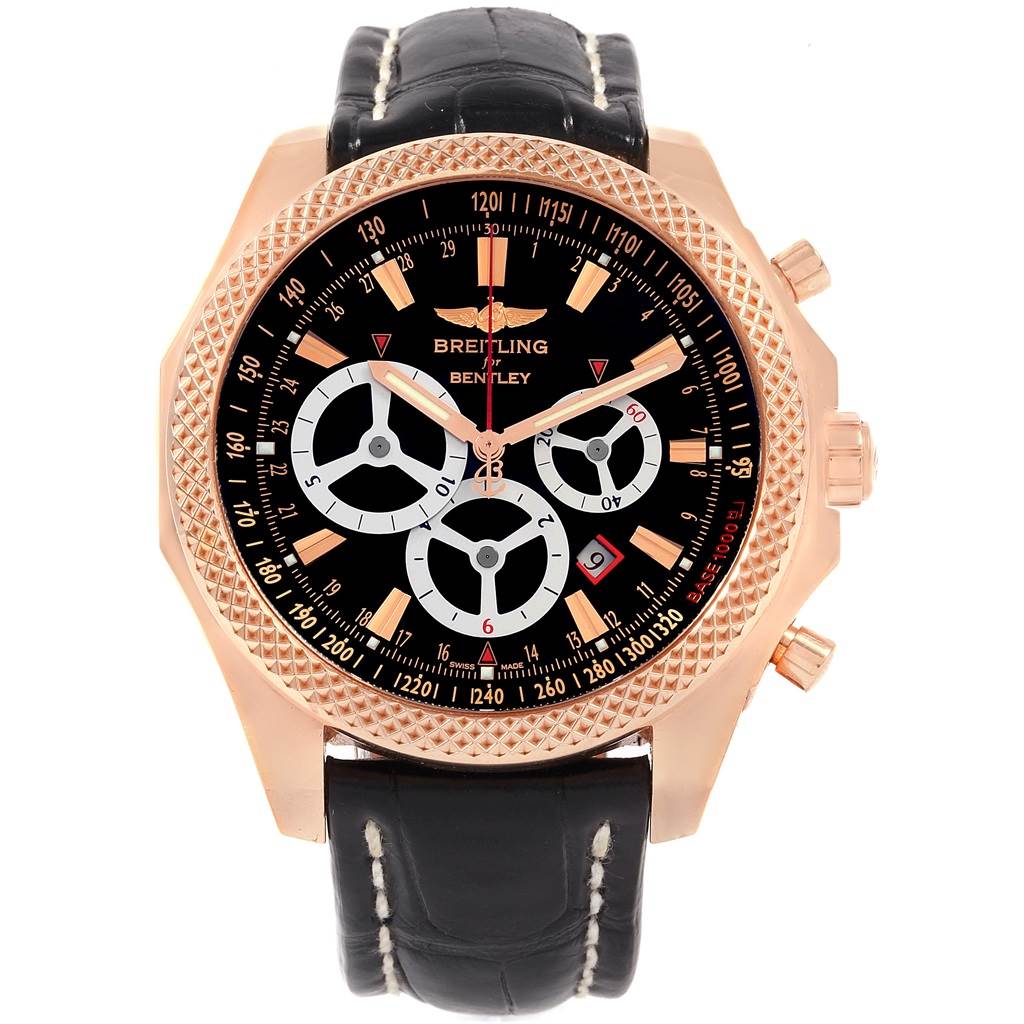 The image shows a front view of a Breitling Bentley R25366 Men's Rose Gold Black Dial R25366 Men's Rose Gold Black Dial watch, featuring its black dial, gold bezel, and black leather strap.