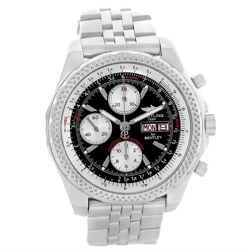 This image shows a front view of a Bentley model watch by Breitling, highlighting the face, bezel, and metal bracelet.