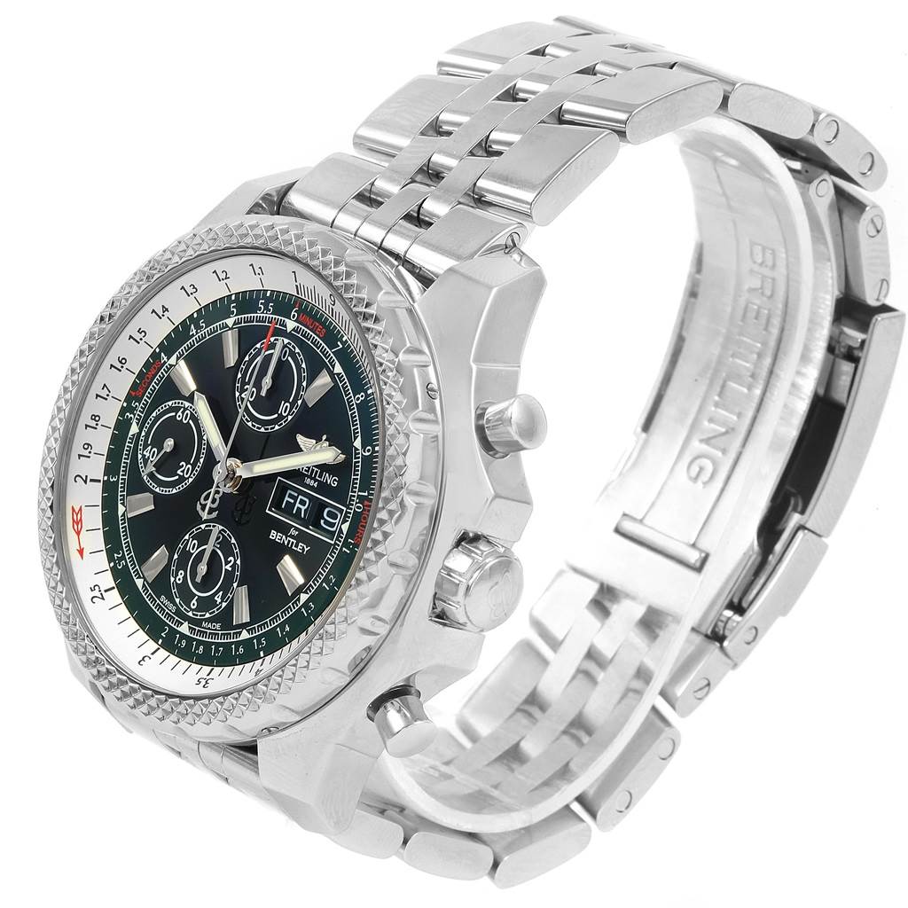 The image shows a side and partial front view of the Breitling Bentley A13365 Men
s Stainless Steel Green Dial A13365 Men
s Stainless Steel Green Dial watch, highlighting the face, bezel, and metal bracelet.
