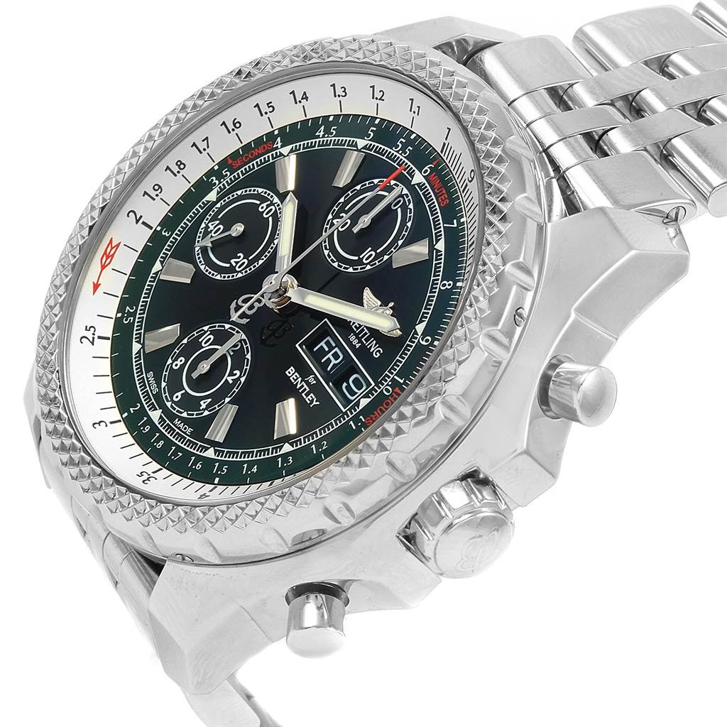 The image shows a Breitling Bentley A13365 Men
s Stainless Steel Green Dial A13365 Men
s Stainless Steel Green Dial watch from an oblique angle, highlighting its face, bezel, crown, push buttons, and bracelet.