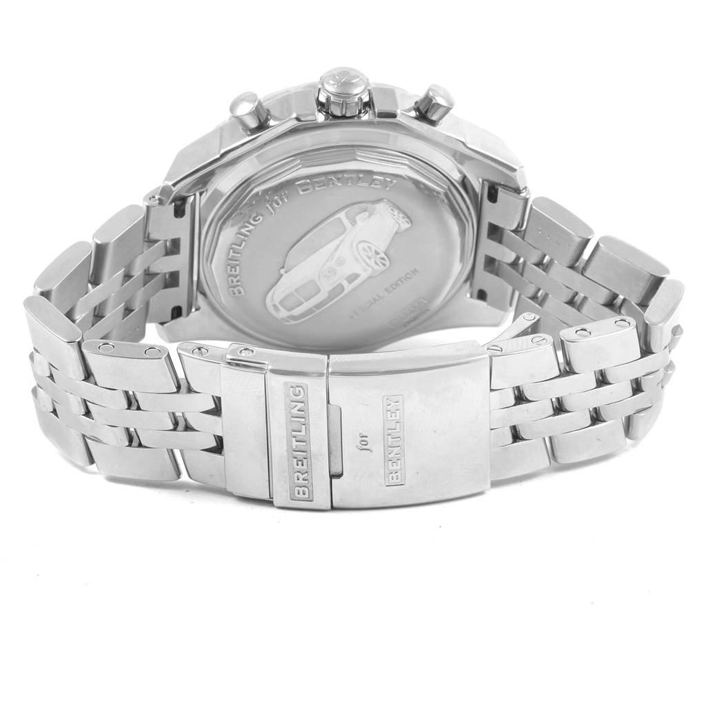 The image shows the backside of a Breitling Bentley A13365 Men
s Stainless Steel Green Dial A13365 Men
s Stainless Steel Green Dial model watch, highlighting the case back and metal bracelet clasp.