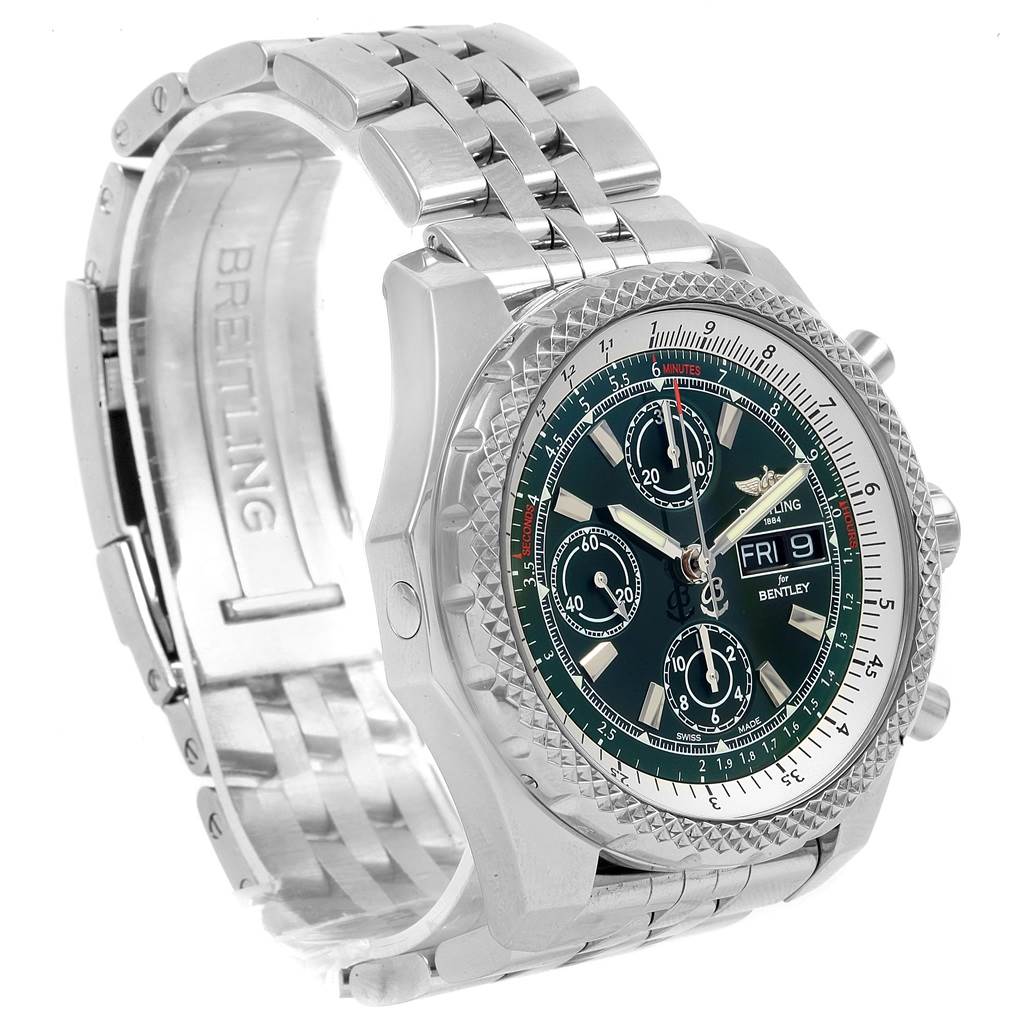 The watch is a Breitling Bentley A13365 Men
s Stainless Steel Green Dial A13365 Men
s Stainless Steel Green Dial model shown from a three-quarter angle, highlighting the face, bezel, and metal link bracelet.