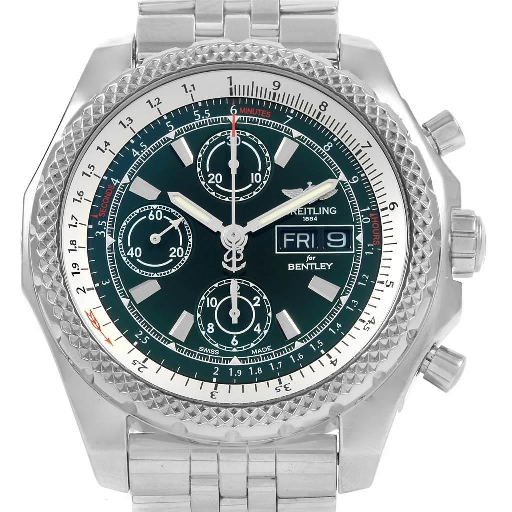 This Breitling Bentley A13365 Men
s Stainless Steel Green Dial A13365 Men
s Stainless Steel Green Dial watch is shown from a front angle, displaying the face, bezel, and part of the stainless steel bracelet.
