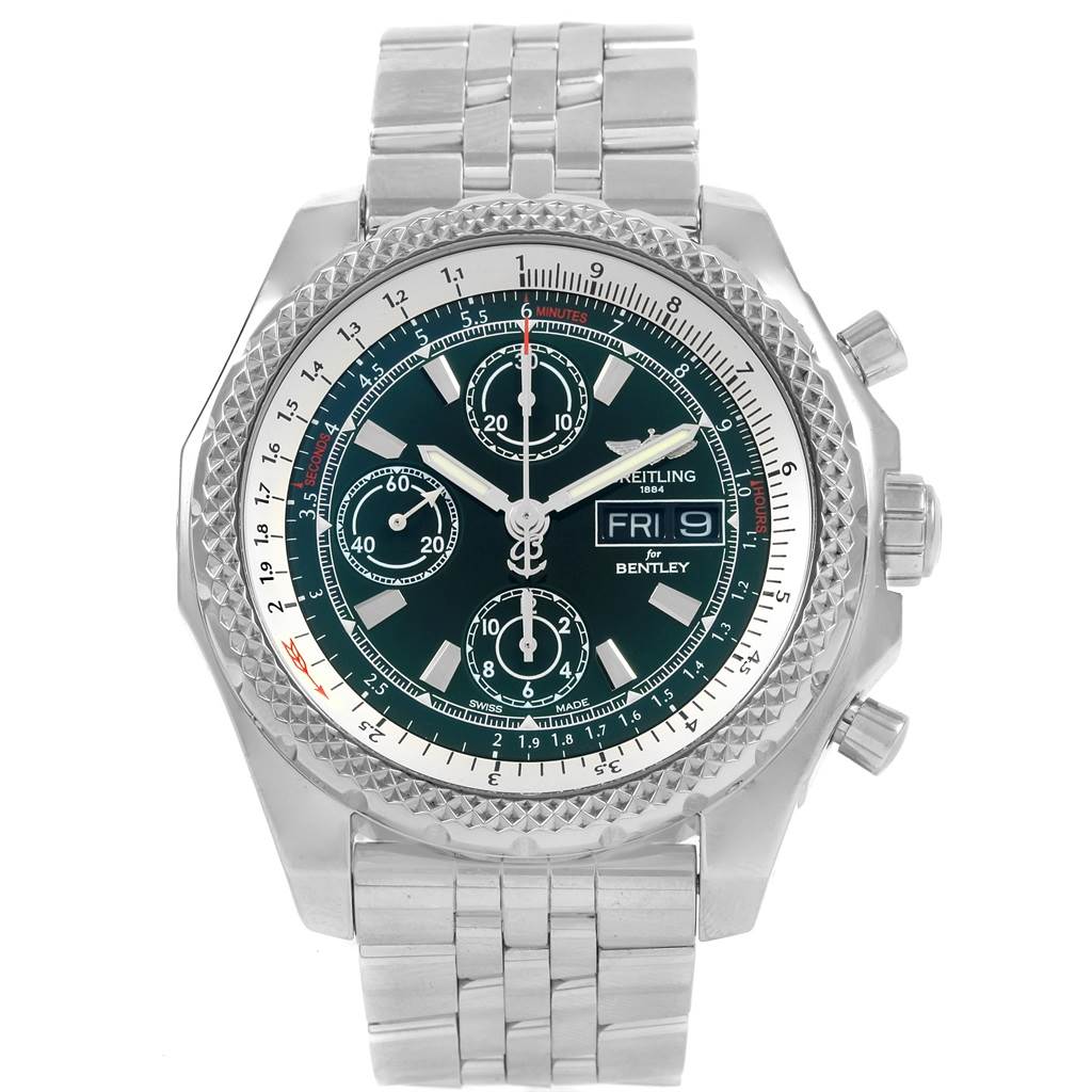 The image shows a front view of the Breitling Bentley A13365 Men
s Stainless Steel Green Dial A13365 Men
s Stainless Steel Green Dial model watch, displaying its dial, bezel, and metal bracelet.