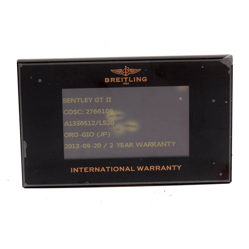 The image shows an international warranty card for the Breitling Bentley A13365 Men
s Stainless Steel Green Dial A13365 Men
s Stainless Steel Green Dial GT II model, viewed from the front.