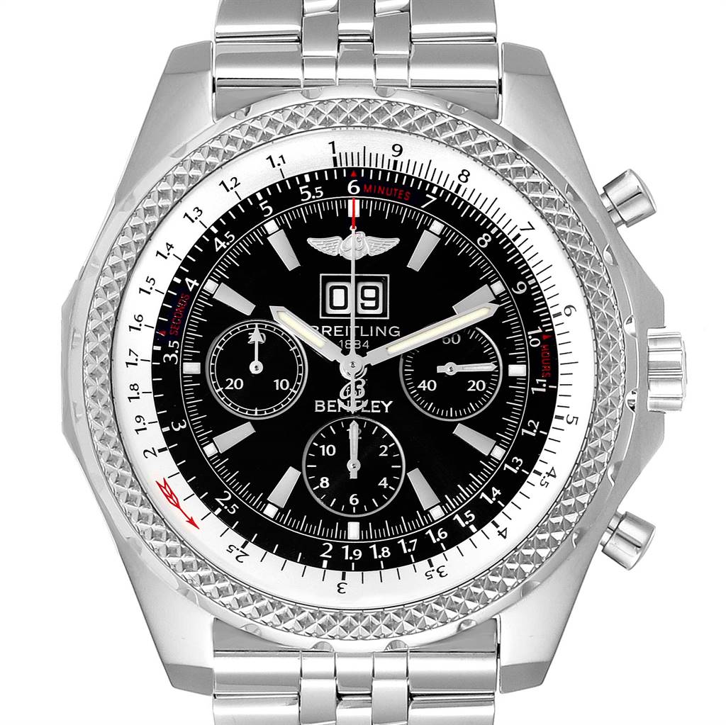 This image shows a frontal view of a Breitling Bentley A44362 Men's Stainless Steel Black Dial A44362 Men's Stainless Steel Black Dial model watch, displaying its dial, bezel, and metal bracelet.