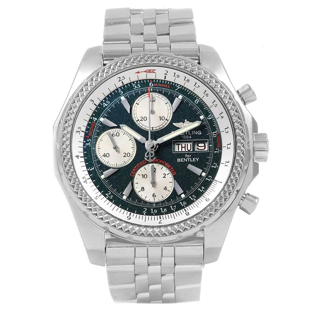 The image shows a frontal view of the Breitling Bentley A13362 Men's Stainless Steel Green Dial A13362 Men's Stainless Steel Green Dial watch, displaying its dial, chronograph subdials, date window, and steel bracelet.