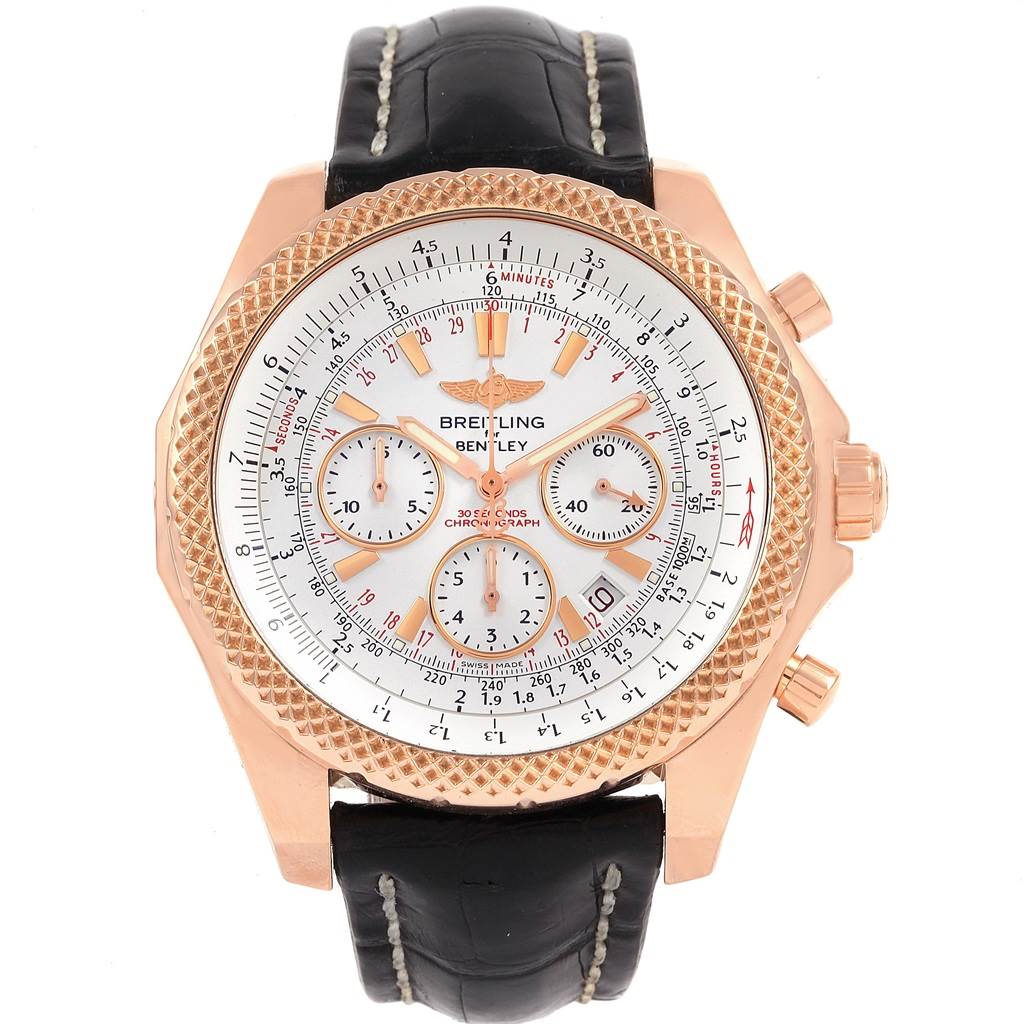 The Bentley model by Breitling is shown from a top-down angle, showcasing its dial, bezel, and leather strap.