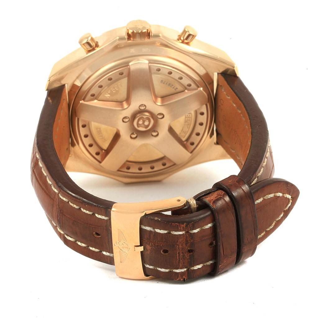 The image shows the back view of the Breitling Bentley K44362 Men's Yellow Gold Black Dial K44362 Men's Yellow Gold Black Dial model watch, including the case back and leather strap.