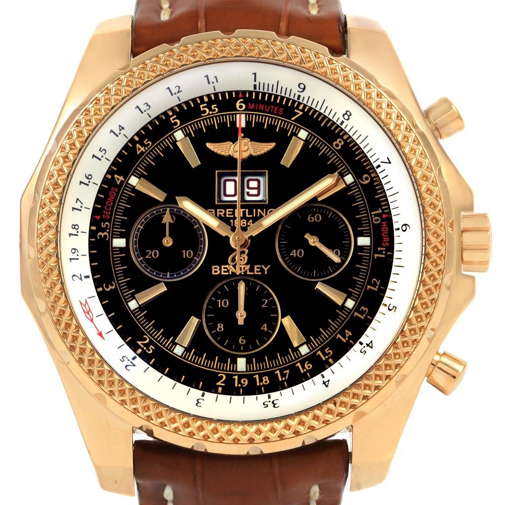 This image shows a frontal view of the Breitling Bentley K44362 Men's Yellow Gold Black Dial K44362 Men's Yellow Gold Black Dial watch, displaying the dial, crown, and part of the strap.