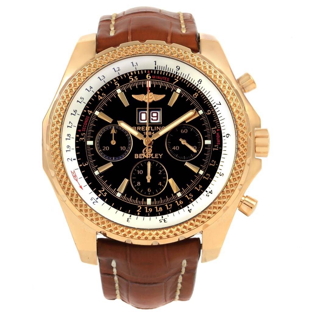 The Bentley model by Breitling is shown from the front, displaying the face, bezel, and leather strap.