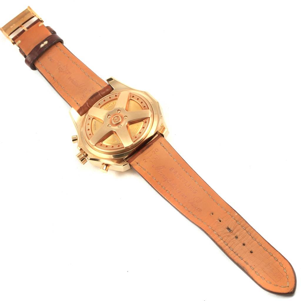 This image shows the back view of the Bentley model by Breitling, featuring its rear casing and leather strap.