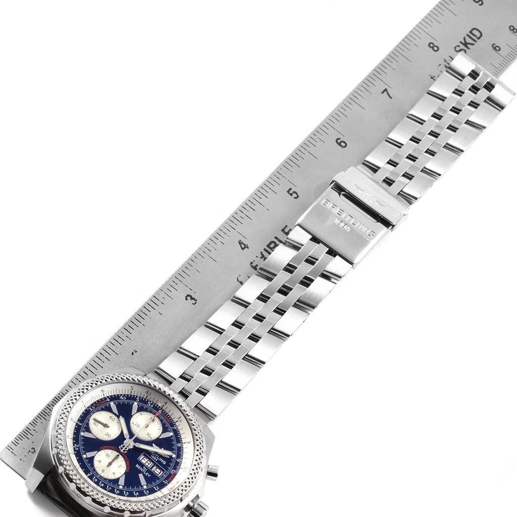 The image shows a top-down view of a Breitling Bentley A13363 Men's Stainless Steel Blue Dial A13363 Men's Stainless Steel Blue Dial watch, focusing on the face, bezel, and stainless steel bracelet with a clasp.