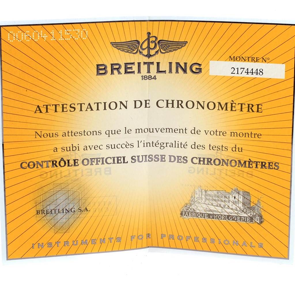 The image shows the chronometer certificate for a Bentley model watch by Breitling.