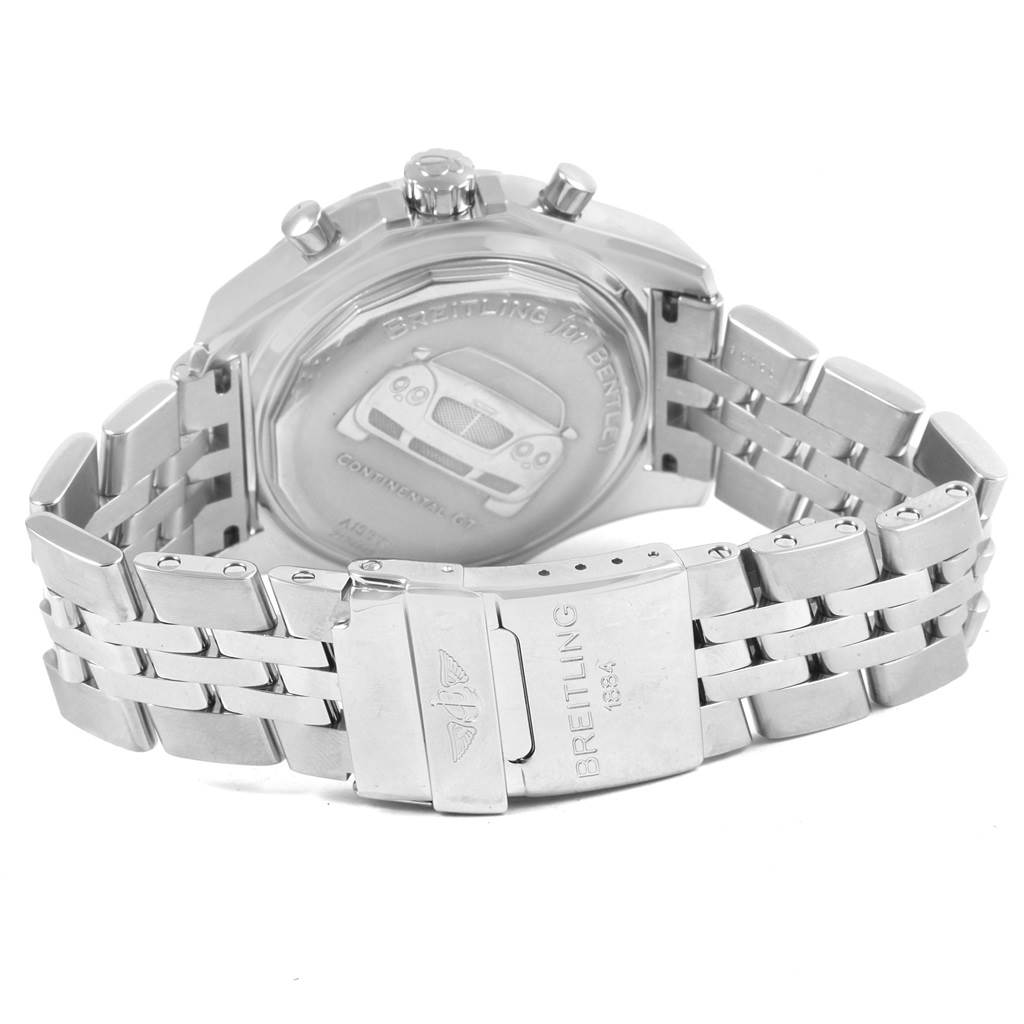 The image shows the back and side profile of the Breitling Bentley A13363 Men's Stainless Steel Blue Dial A13363 Men's Stainless Steel Blue Dial watch, featuring the metal bracelet and engraved case back.