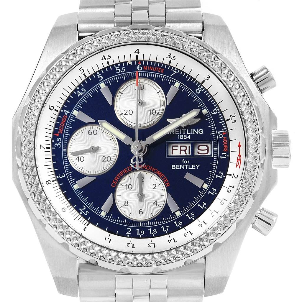 This image shows a front view of the Breitling Bentley A13363 Men's Stainless Steel Blue Dial A13363 Men's Stainless Steel Blue Dial watch, featuring a blue dial, three sub-dials, and a metal bracelet.