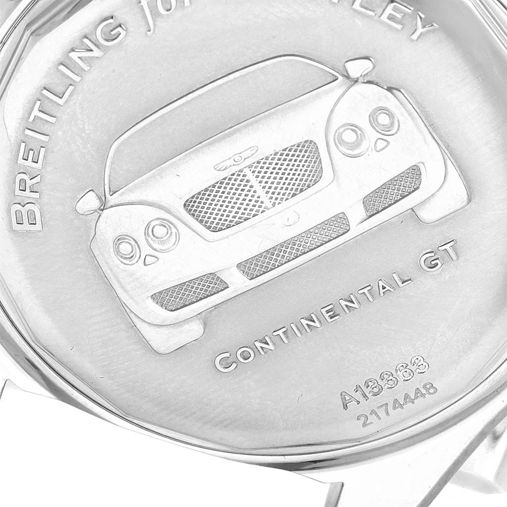The image shows the case back of a Breitling Bentley A13363 Men's Stainless Steel Blue Dial A13363 Men's Stainless Steel Blue Dial watch with an engraving of a Bentley Continental GT car and model numbers.