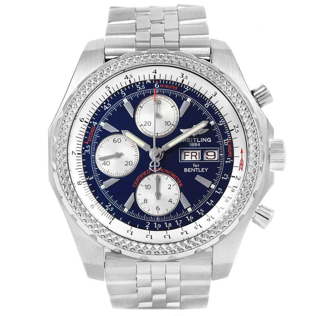 The image shows a front view of a Breitling Bentley A13363 Men's Stainless Steel Blue Dial A13363 Men's Stainless Steel Blue Dial model watch, displaying the bezel, dial, subdials, and part of the metal bracelet.