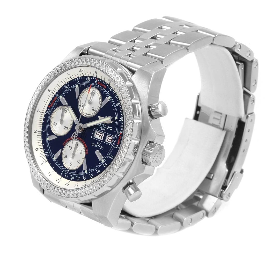 The image shows a side angle of the Breitling Bentley A13363 Men's Stainless Steel Blue Dial A13363 Men's Stainless Steel Blue Dial watch, highlighting the face, bezel, and metal bracelet.