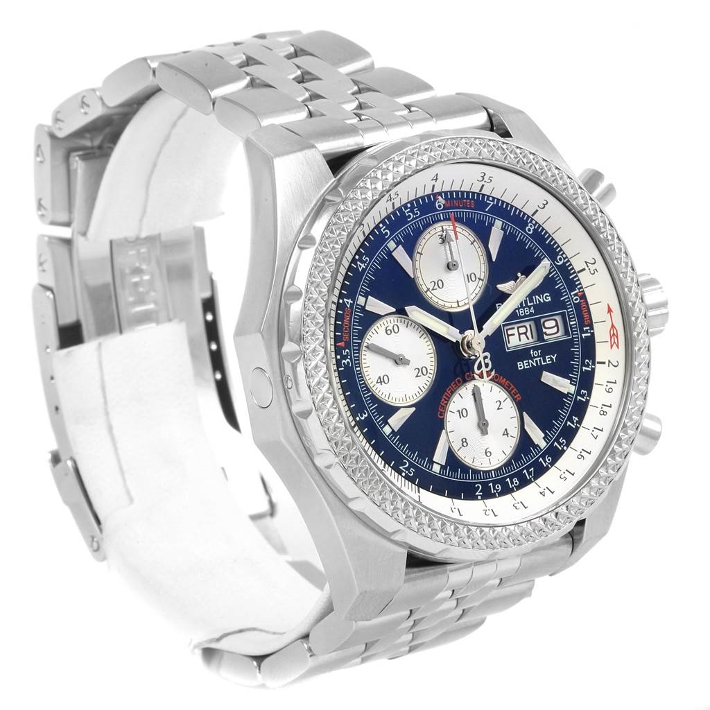 This Breitling Bentley A13363 Men's Stainless Steel Blue Dial A13363 Men's Stainless Steel Blue Dial watch is shown at a three-quarter angle, highlighting the face, bezel, pushers, and metal bracelet.