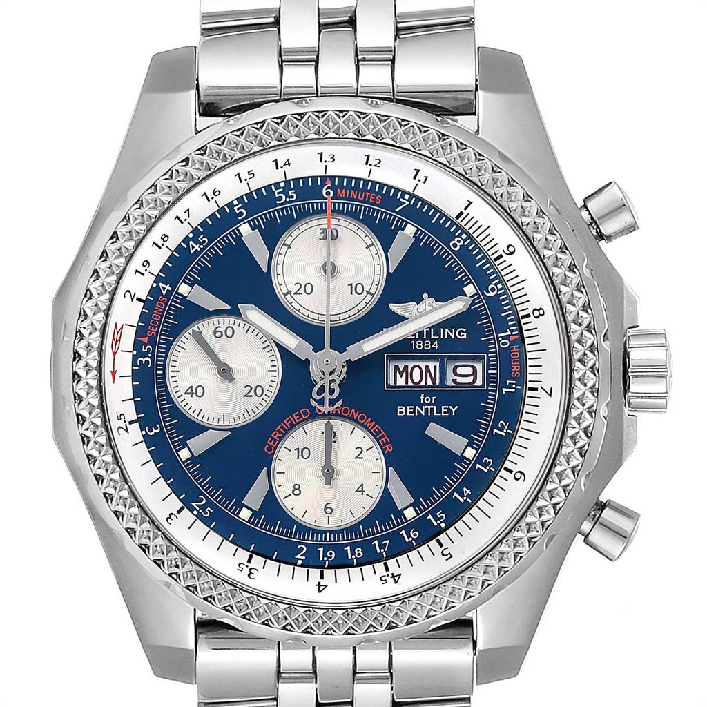 The image shows a front view of a Breitling Bentley A13362 Men's Stainless Steel Blue Dial A13362 Men's Stainless Steel Blue Dial watch, highlighting the dial, chronograph subdials, and metal bracelet.