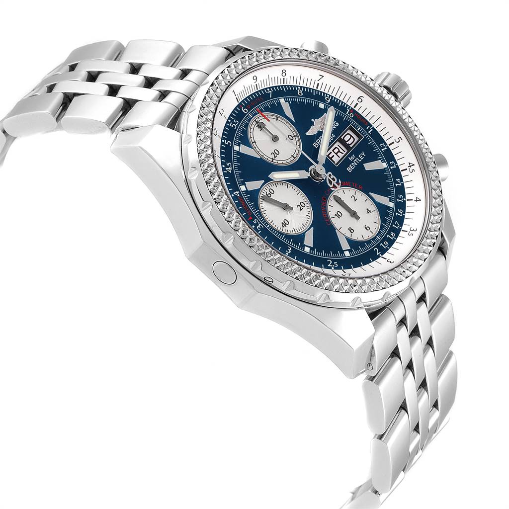 The image shows a side view of the Breitling Bentley A13362 Men's Stainless Steel Blue Dial A13362 Men's Stainless Steel Blue Dial watch, featuring its metal strap, crown, dials, and blue face.