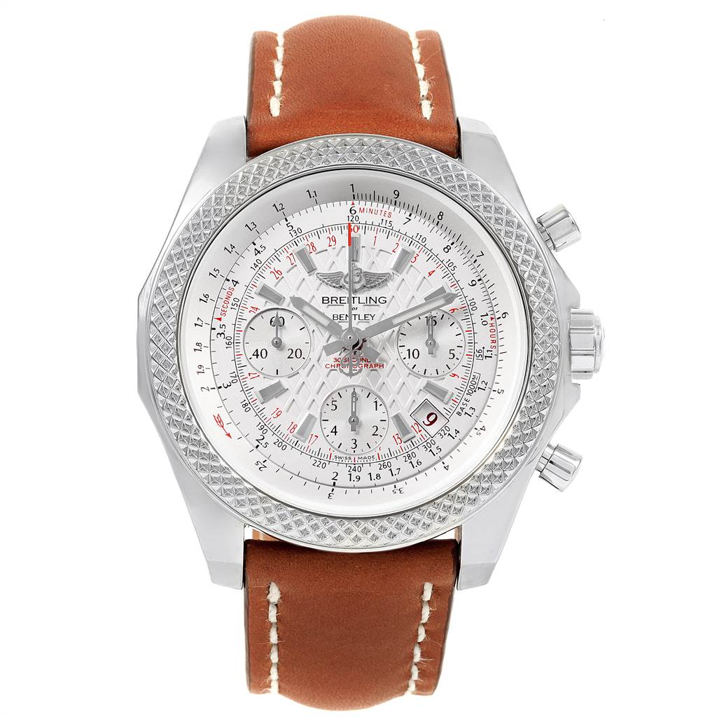 The image shows a front view of a Bentley model Breitling watch, featuring its dial, bezel, and leather strap.