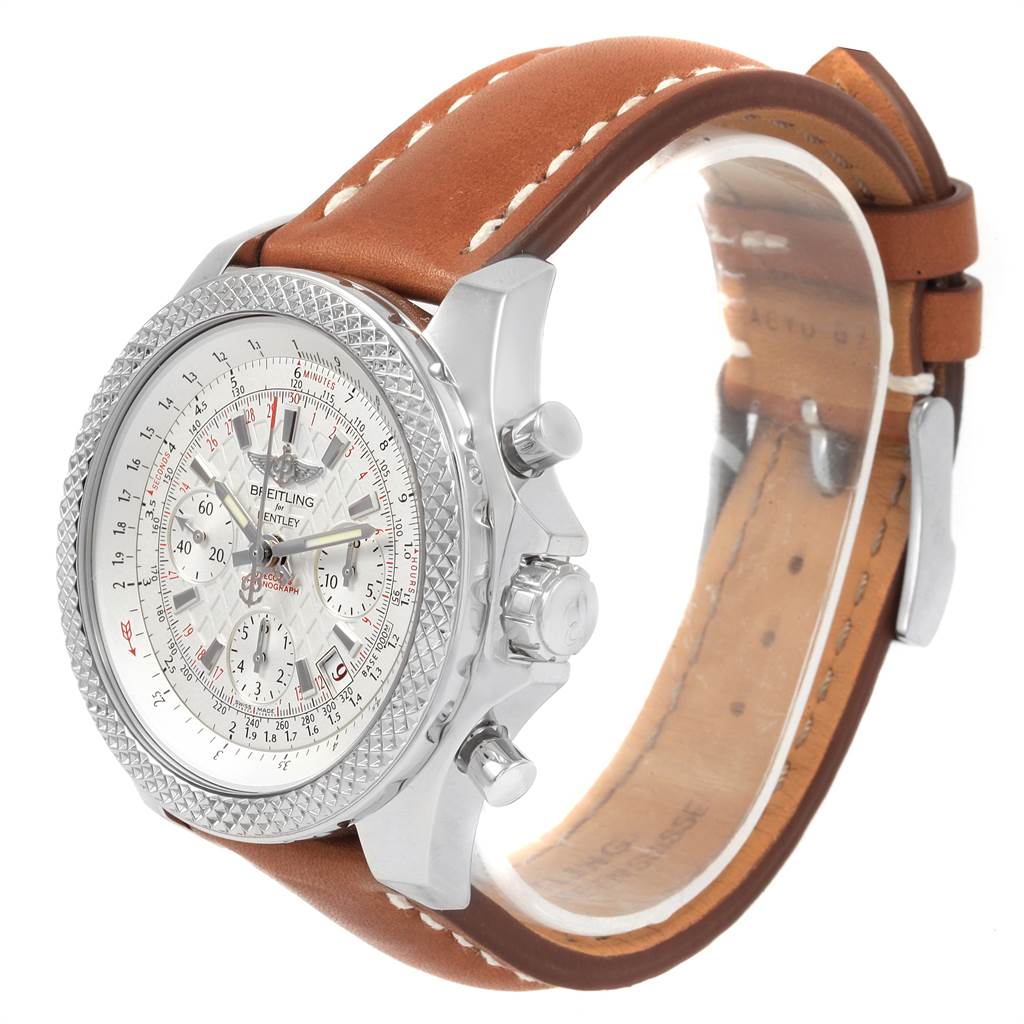 The Breitling Bentley AB061221-G810-437X Men's Stainless Steel Silver Dial AB061221-G810-437X Men's Stainless Steel Silver Dial watch is shown at a three-quarter angle, displaying the face, crown, and leather strap.