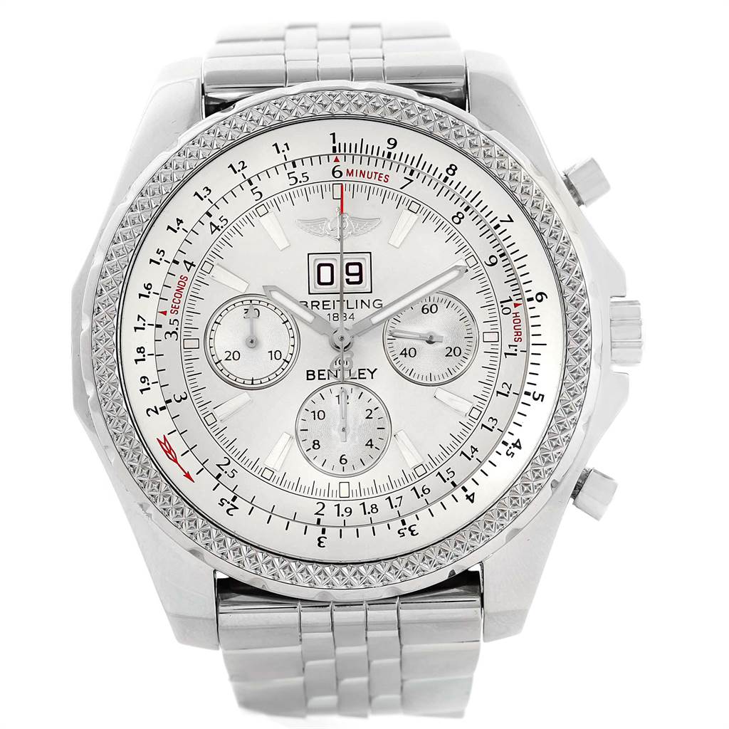 The watch, a Bentley model by Breitling, is shown from a front angle, displaying its face, bezel, and part of the bracelet.