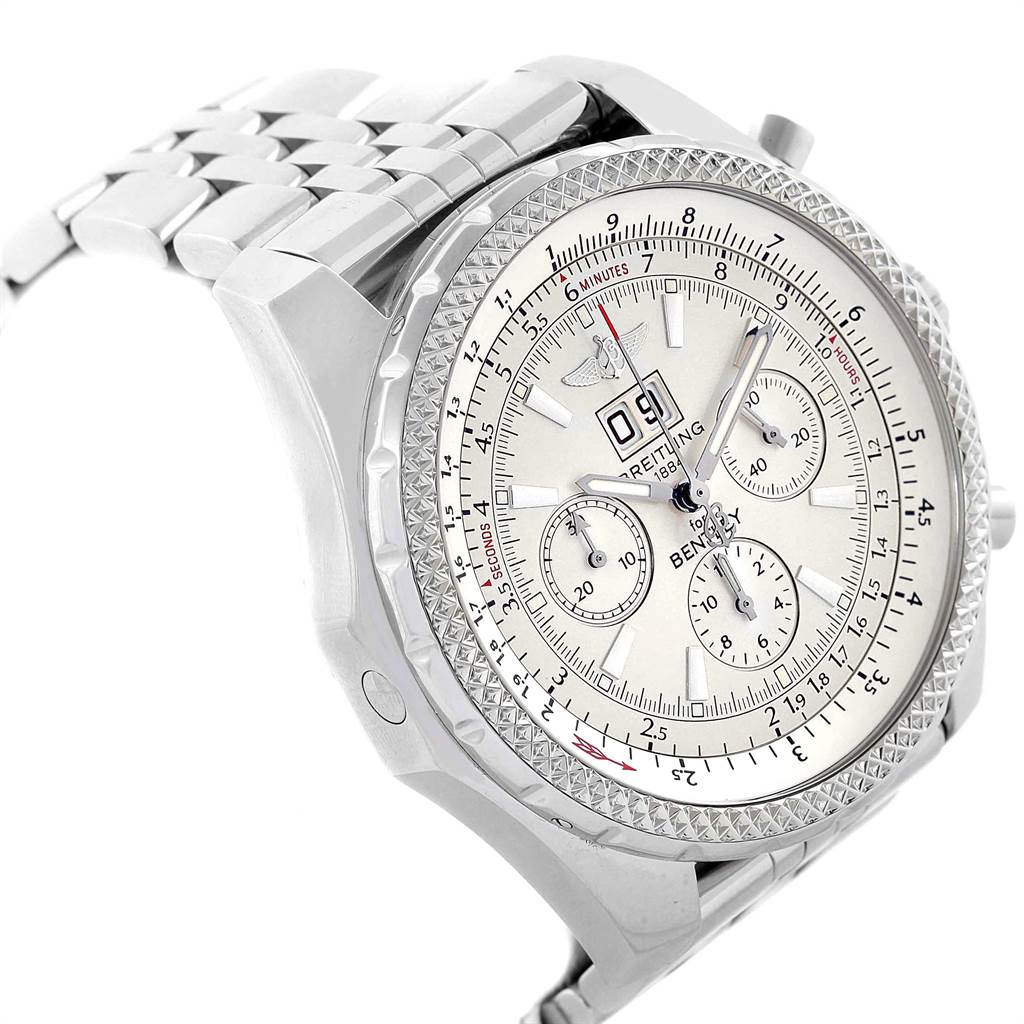 The image shows a side-angle view of a Bentley model by Breitling, focusing on the face, bezel, and part of the bracelet.