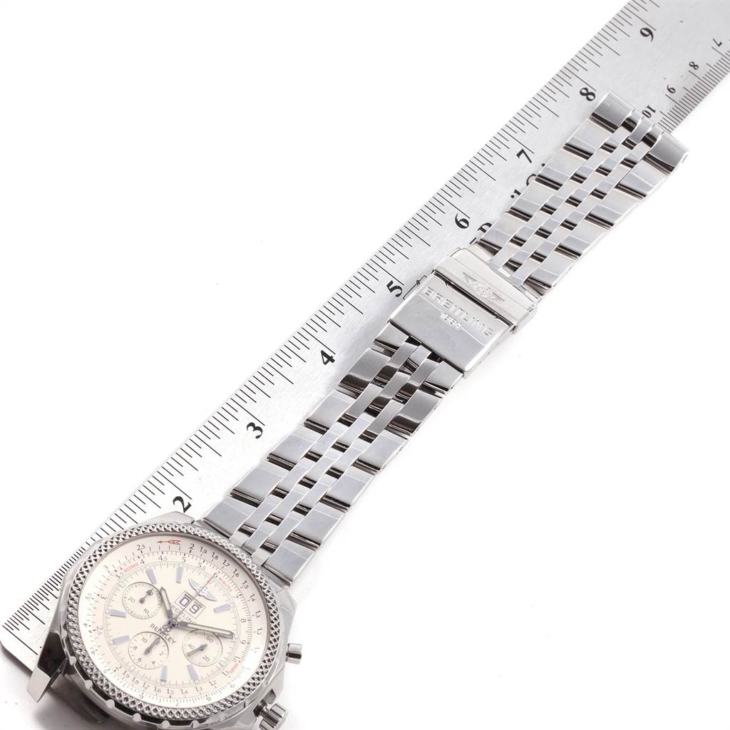 The image shows the face and band of a Breitling Bentley A44362 Men's Stainless Steel Silver Dial A44362 Men's Stainless Steel Silver Dial model watch, placed next to a ruler for measurement.