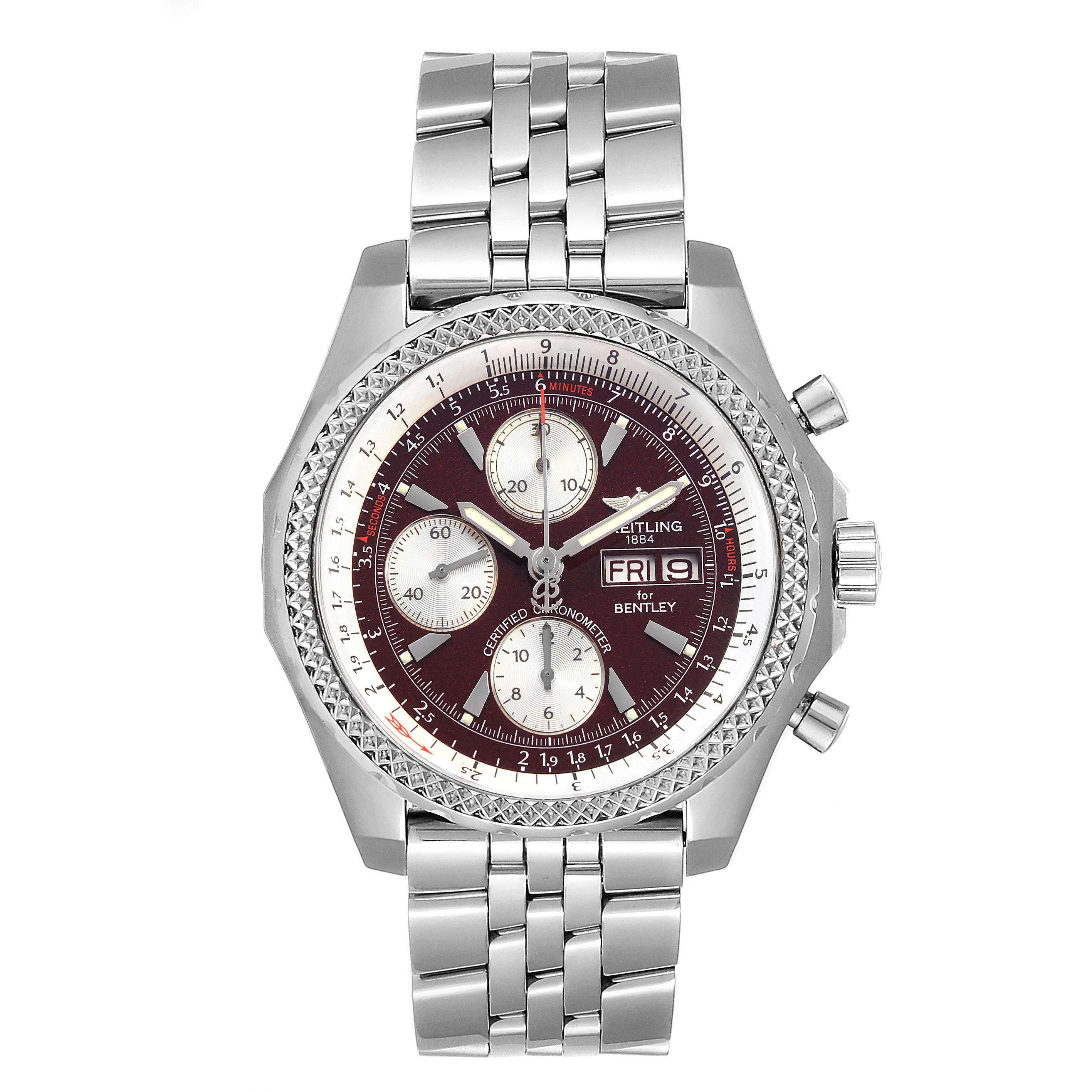 The image shows a frontal view of the Breitling Bentley A13362 Men's Stainless Steel Burgundy Dial A13362 Men's Stainless Steel Burgundy Dial model watch, featuring its face, bezel, bracelet, and crown.