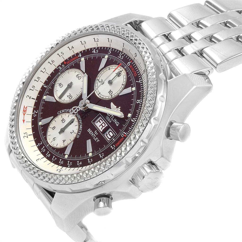 This Breitling Bentley A13362 Men's Stainless Steel Burgundy Dial A13362 Men's Stainless Steel Burgundy Dial watch is shown from an angled view, displaying its face, bezel, crown, pushers, and part of the bracelet.