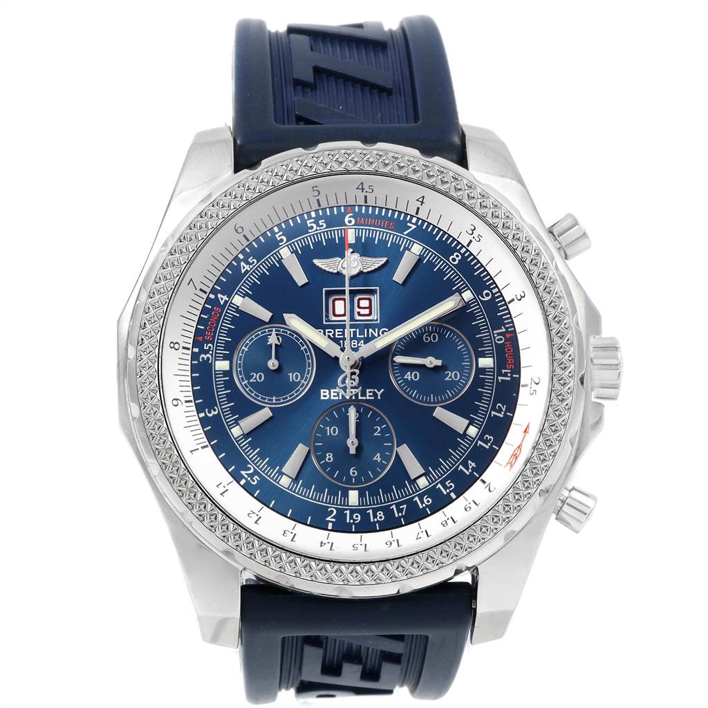 The Breitling Bentley A44362 Men's Stainless Steel Blue Dial A44362 Men's Stainless Steel Blue Dial watch is shown from the front, displaying its face, bezel, chronograph dials, and blue strap.
