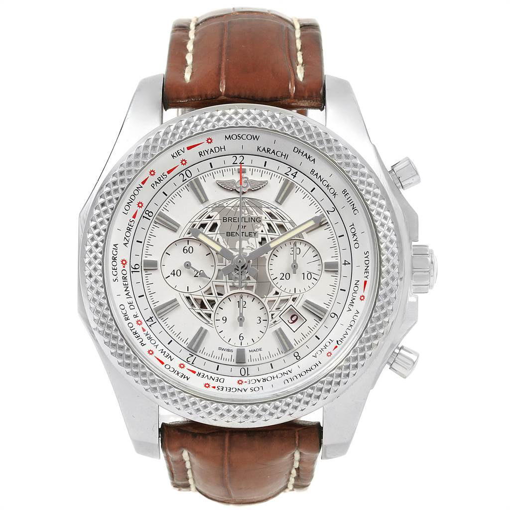 The image shows the front view of the Breitling Bentley AB0521U0/A768/789P/A20BA.1 Men
s Stainless Steel Silver Dial AB0521U0/A768/789P/A20BA.1 Men
s Stainless Steel Silver Dial watch, highlighting the detailed dial, bezel, and brown leather strap.