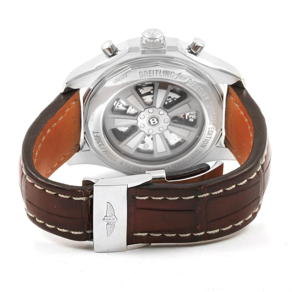 The image shows the back of the Breitling Bentley AB0521U0/A768/789P/A20BA.1 Men
s Stainless Steel Silver Dial AB0521U0/A768/789P/A20BA.1 Men
s Stainless Steel Silver Dial model watch, highlighting its movement and leather strap.