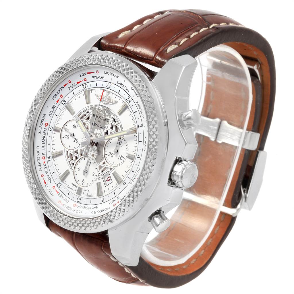 The image shows a Breitling Bentley AB0521U0/A768/789P/A20BA.1 Men
s Stainless Steel Silver Dial AB0521U0/A768/789P/A20BA.1 Men
s Stainless Steel Silver Dial watch at a three-quarter angle, highlighting the face, bezel, and leather strap.